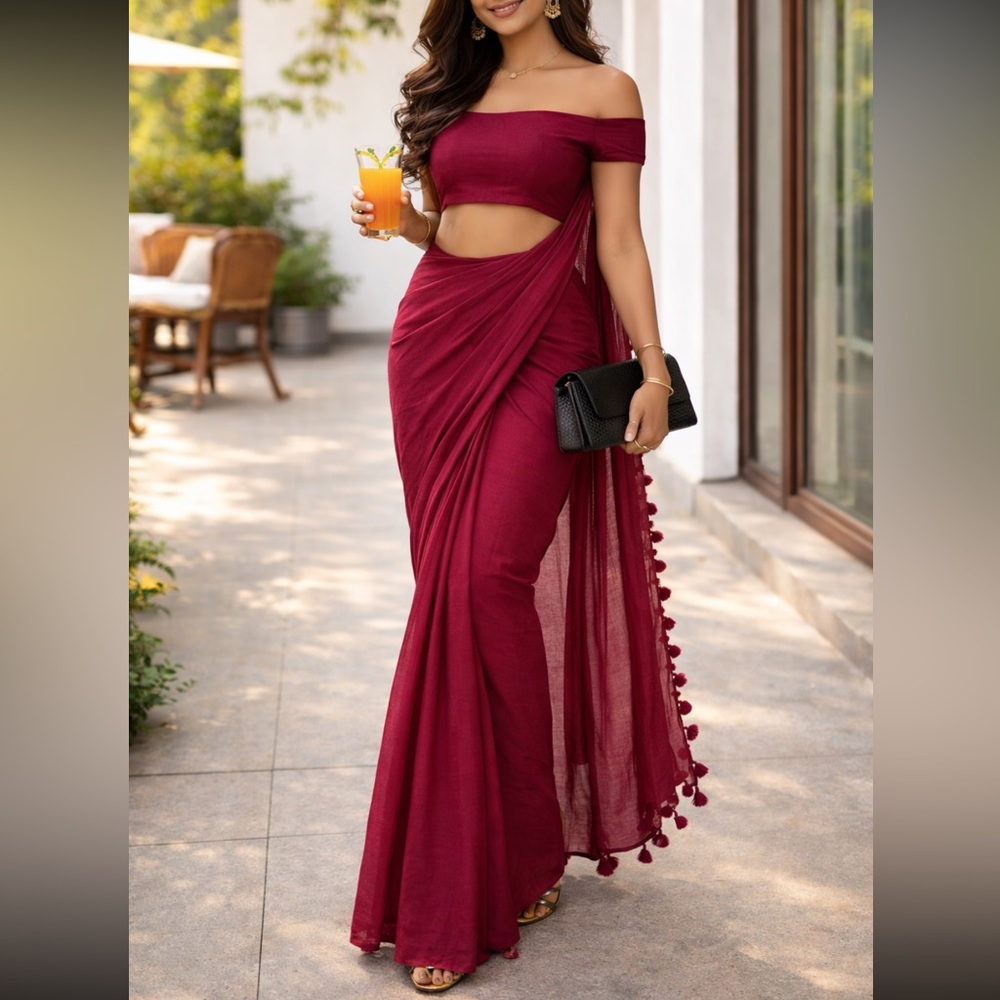 Brand new Soft mul cotton Burgundy(kind of pink) Saree with Tassels from Suta